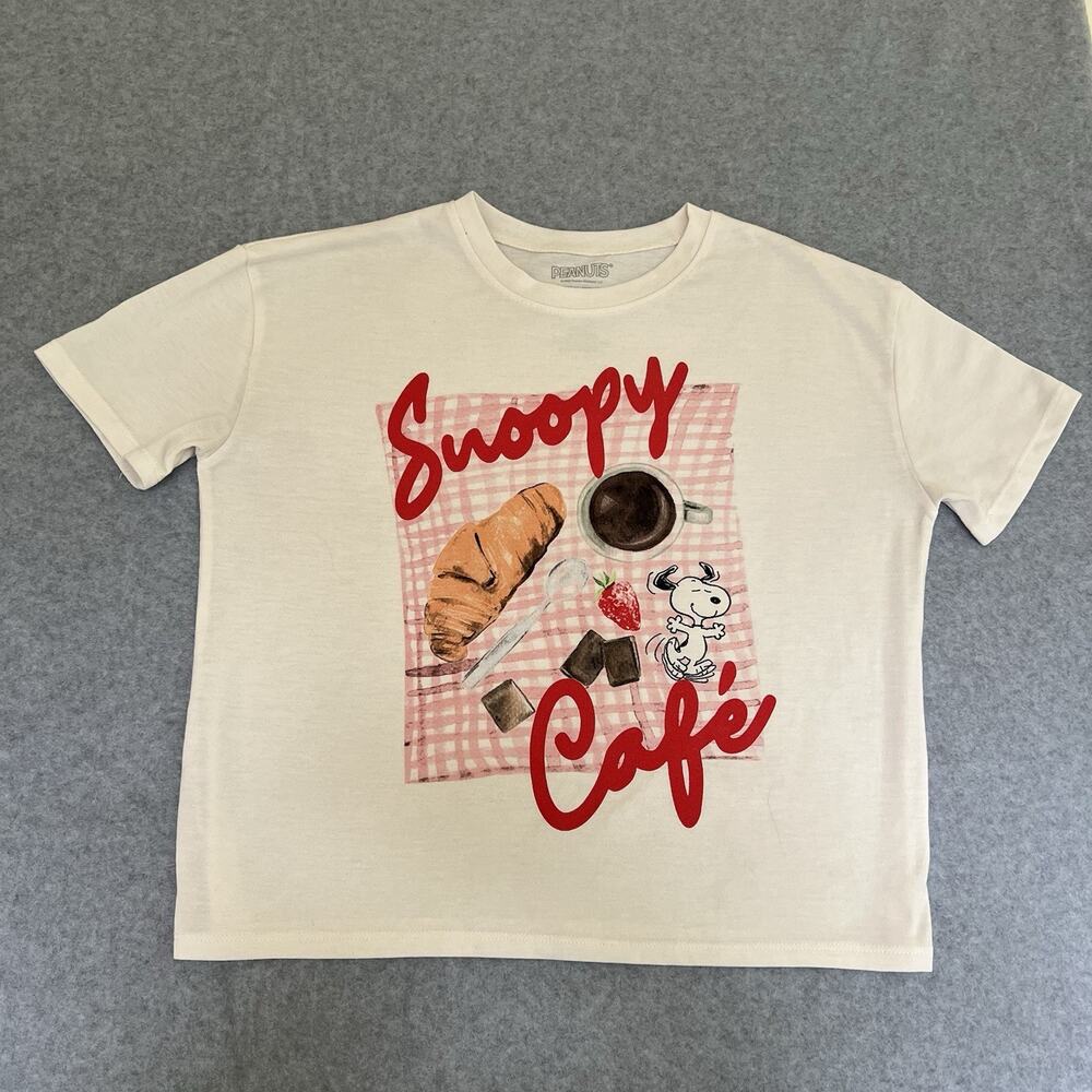 Peanuts Snoopy Cafe Graphic Print Women's Crew Neck Short Sleeve T-Shirt XS